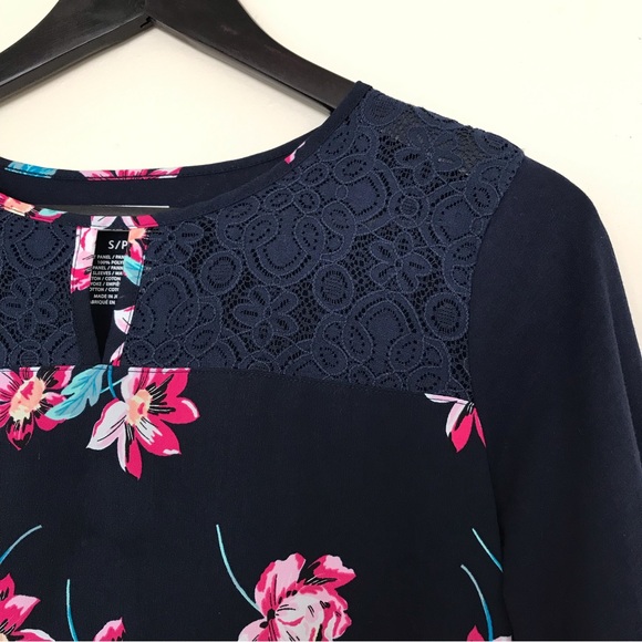 Van Heusen Navy Blue Floral Top | Feminine Lace Neck - Picture 2 of 8